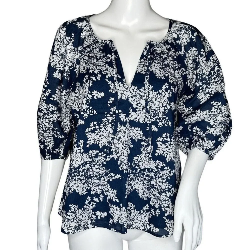 Abercrombie Fitch Shirt Womens Small Navy Blue White Floral Peasant‎ Blouse Boho